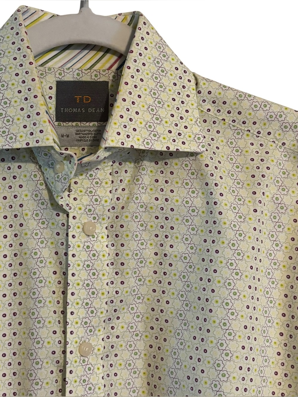 Thomas Dean Men's Floral AOP Button-Up Shirt - Light Green with Purple Accents